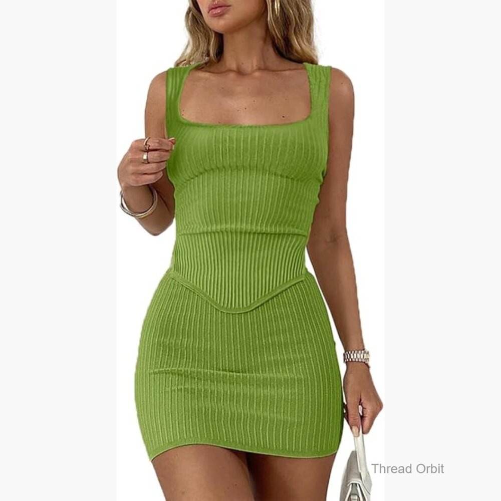 Sexy Two Piece Outfit Square Neck Crop Top Bodycon Skirt Set Mini Dress